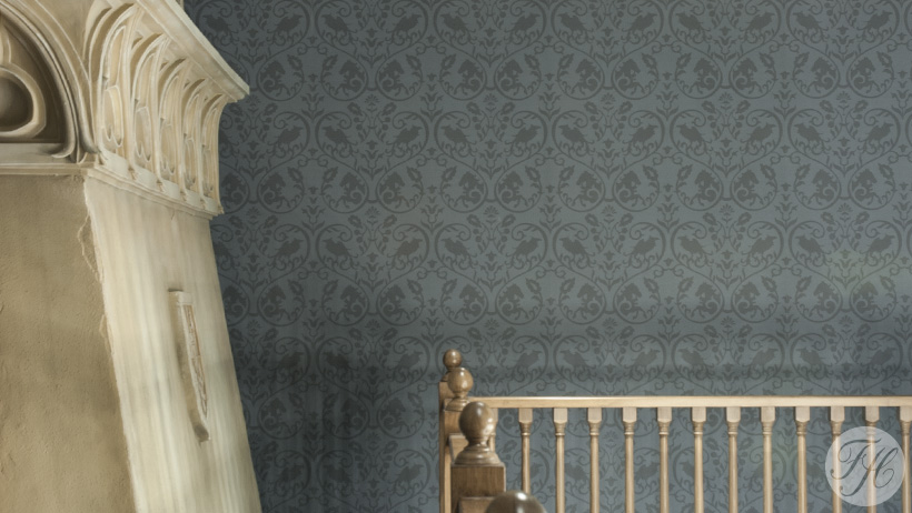 detail behang aangebracht in attractie Ravelijn van de Efteling