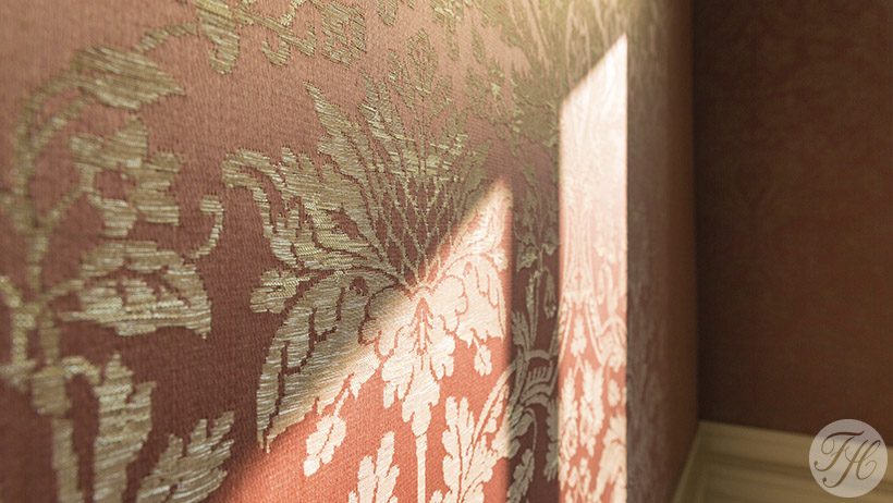 stoffen wandbespanning aangebracht in stijlkamer Huize Rhijnhof Leiden