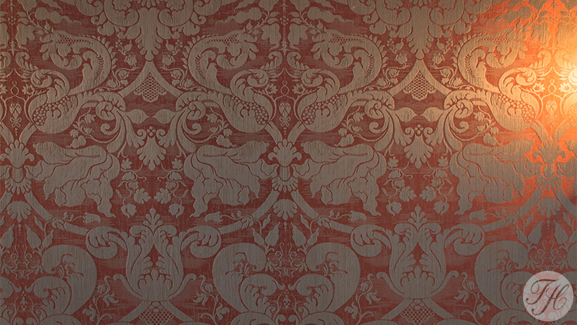 detail rode wandbespanningstof souterrain Keizersgracht Amsterdam