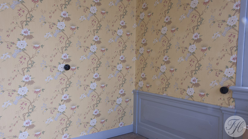 betengeling en behang aangebracht slaapkamer monumentaal pand Ridderhofstad Gunterstein Breukelen